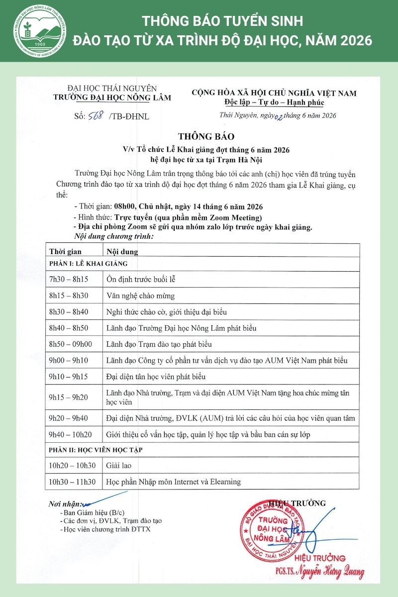 Thông báo Lễ khai giảng Hệ Đại học từ xa Trạm Hà Nội tháng 6/2026